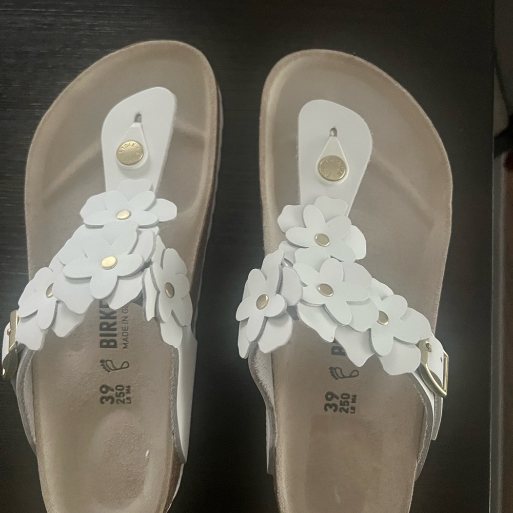 Birkenstock White Sandals with Floral Design